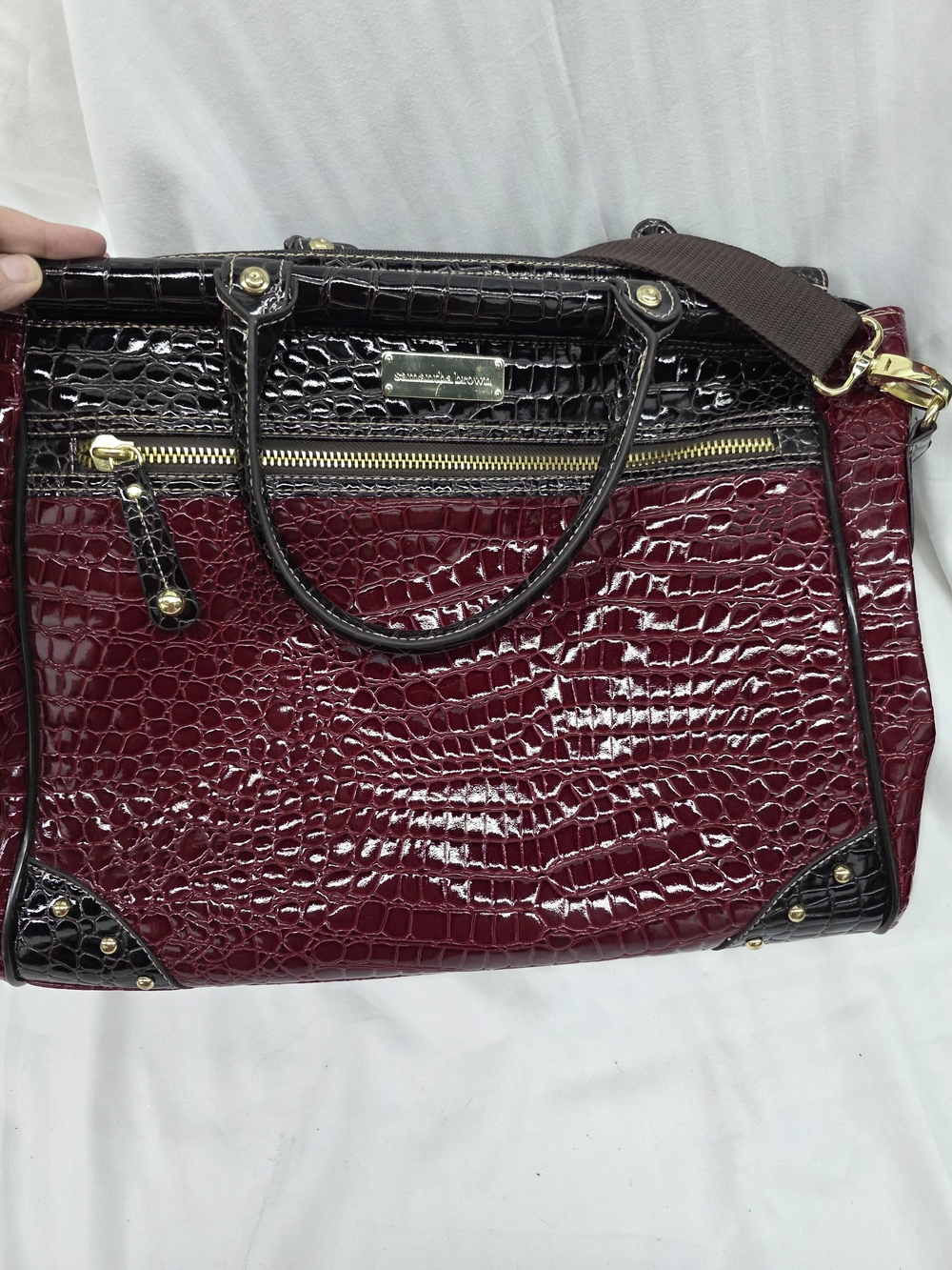 Samantha Brown Croc-Embossed Burgundy and Black Travel Bag